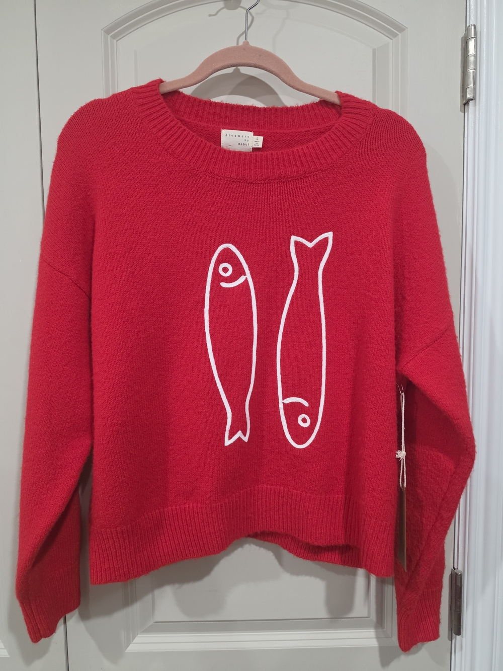 Dreamers By Debut Red Crewneck Sweater with White Fish Motif L NWT
